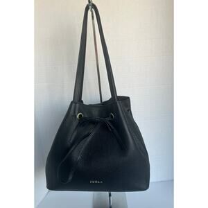 FURLA Costanza Black Pebble Leather Medium Drawstring Bucket Tote Shoulder Bag